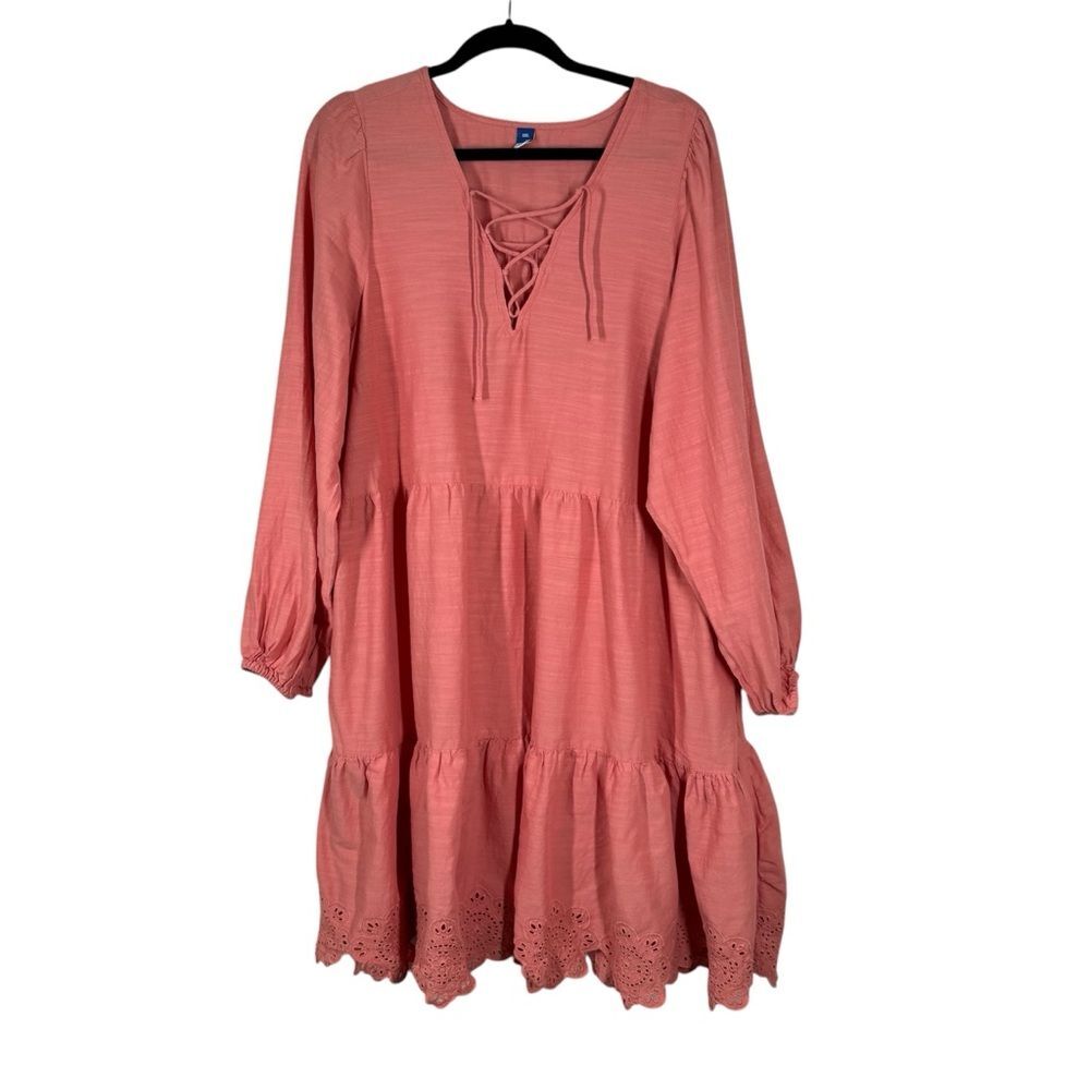Old Navy Aspen Lace Up Tiered Summer Dress Coral Long Sleeve Plus Size XXL